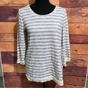 J Jill- Blue and Cream/ White Striped Top with Fringe Hem- Size XS- Cotton